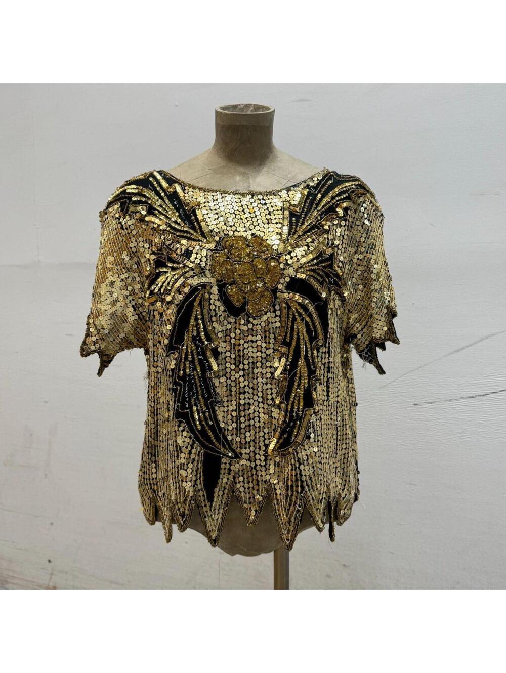 Vintage Broadway Costume 70s Black Sequin Beaded Floral Silk Fairy Top
